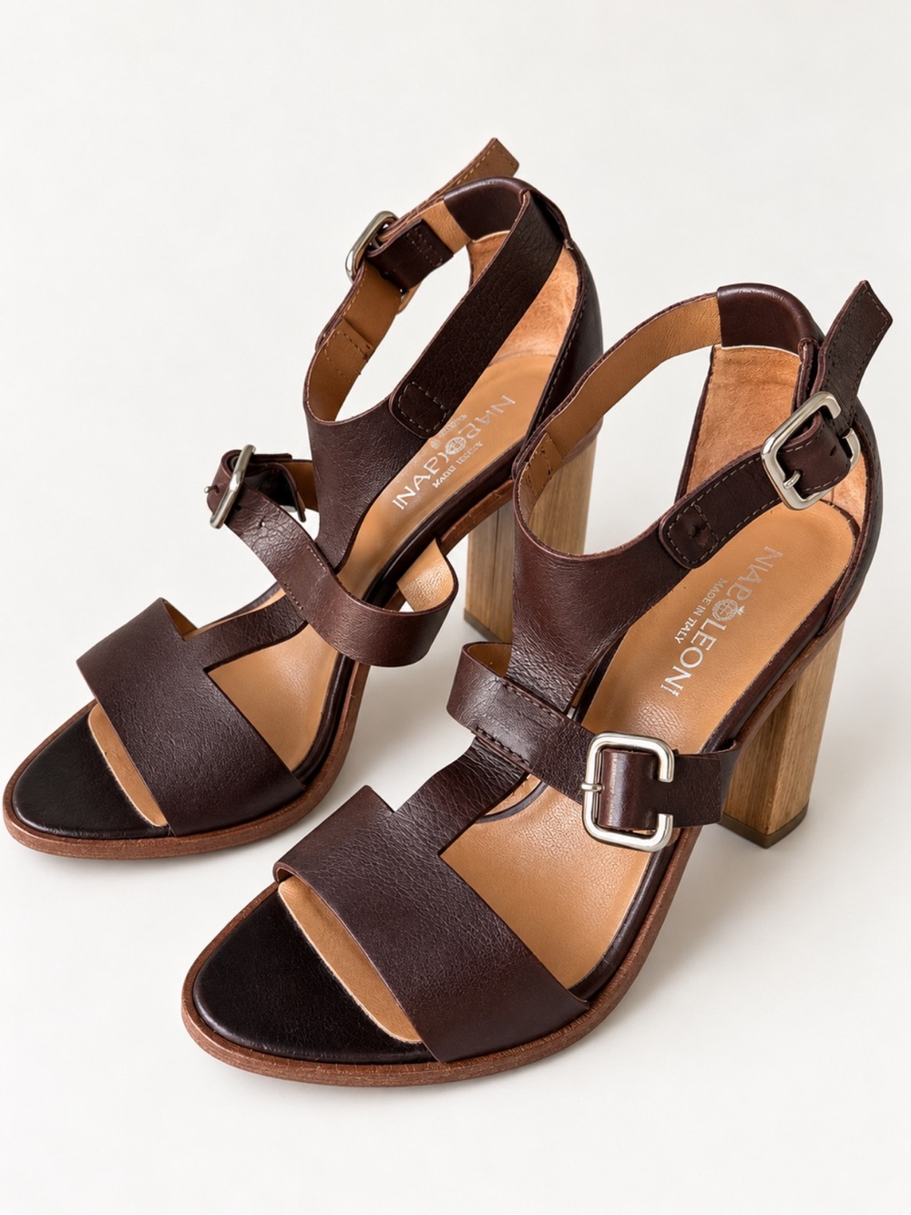 Napoleoni Brown Genuine Leather Block Heel Sandals Made in Italy Size 39 8.5